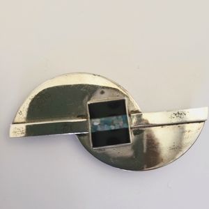 Pin sterling silver with black onyx and crushed opals. 2-1/2" long x 1-1/2" wide